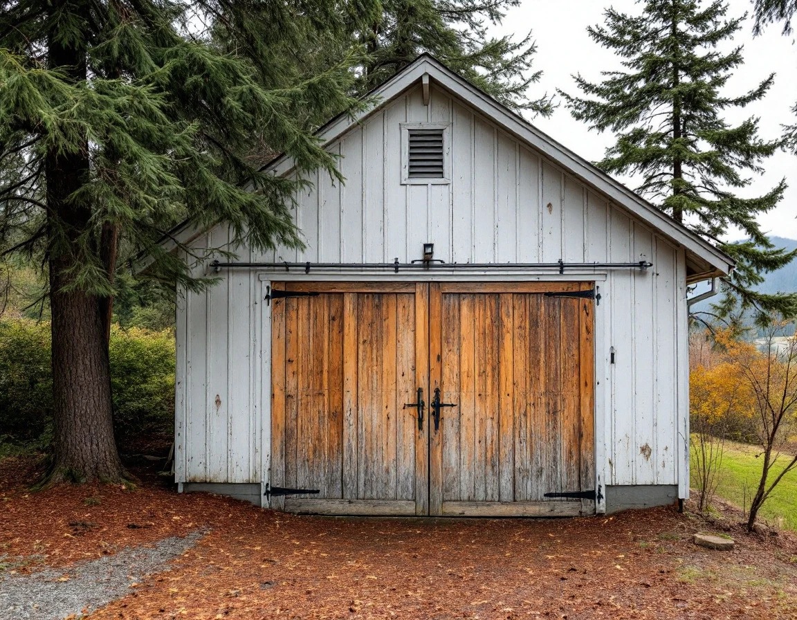 White garage with spring-loaded door mechanism in wind-exposed Columbia Gorge location with bent conifers