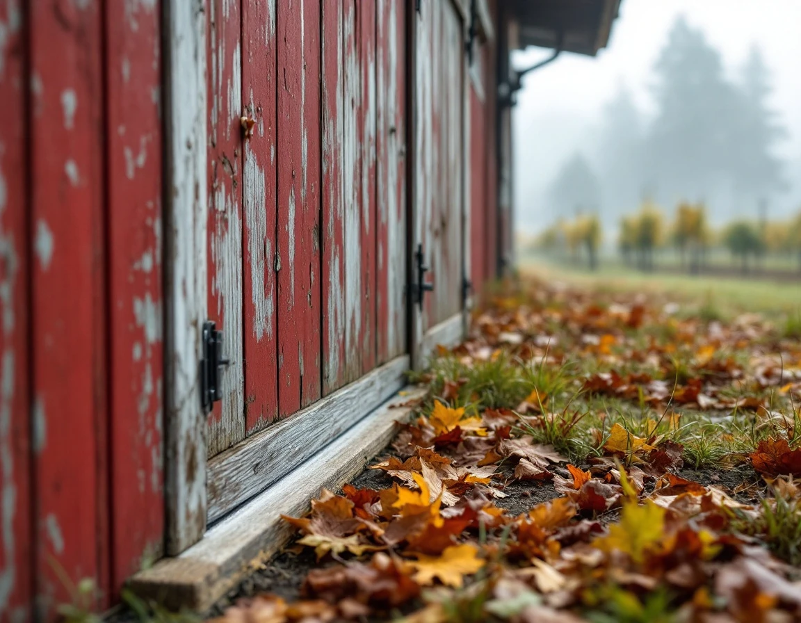 Weatherstripping installation on vintage garage door with morning fog and moisture beading on wood siding