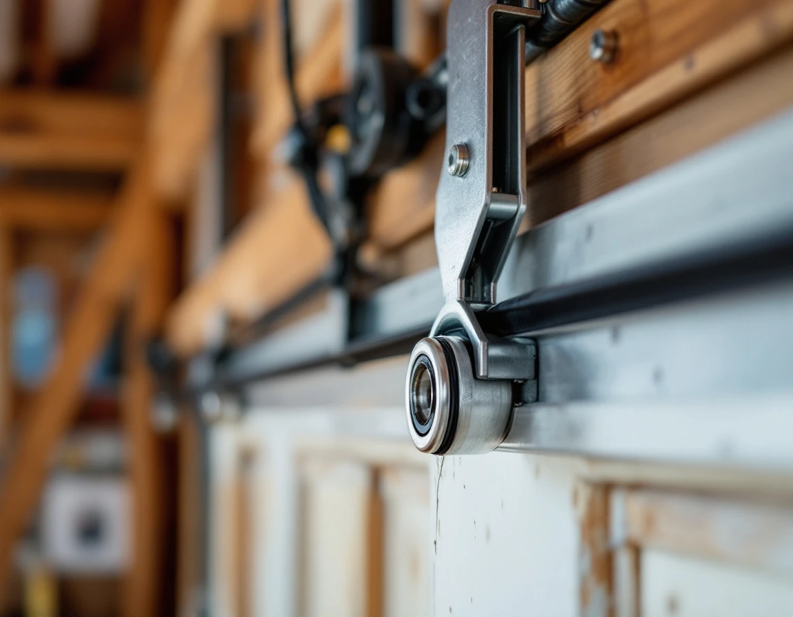 Heavy-duty garage door track and roller system showing alignment under load in rural workshop