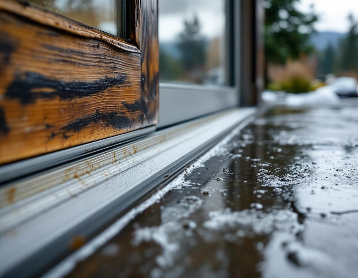 Sliding door threshold with weatherstripping during snowmelt on Estacada foothills property