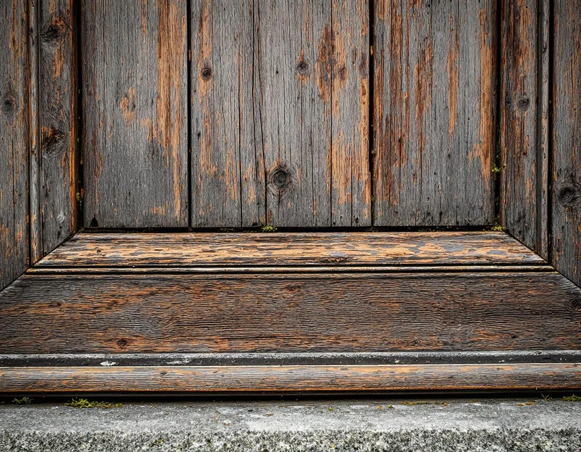 Weathered wood planks and deteriorating weatherstripping on historic Columbia Gorge garage door showing moisture damage
