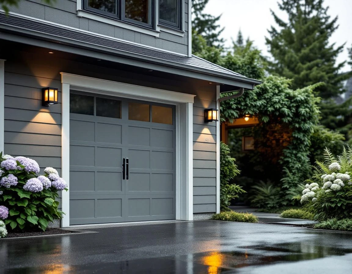 Modern garage with smart security keypad and camera integrated into Portland craftsman home exterior