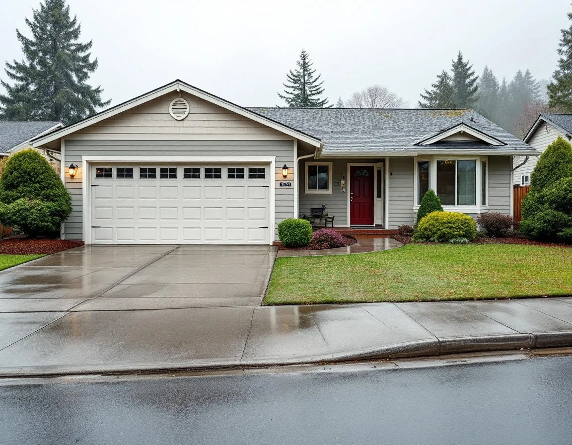 Residential garage with rainwater pooling on driveway during Pacific Northwest spring weather