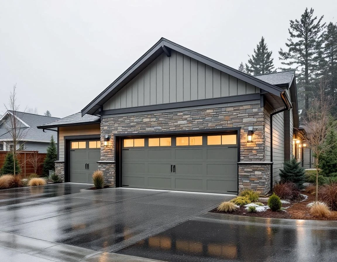 Modern three-car garage with stone veneer base on Hillsboro home during foggy winter conditions