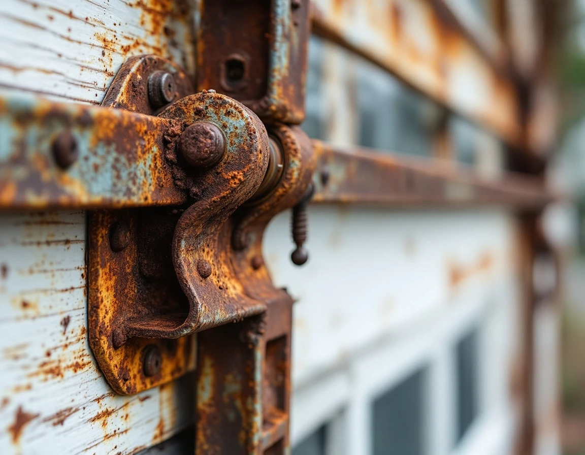 Corroded garage door springs and track hardware showing rust damage from Pacific Northwest moisture exposure