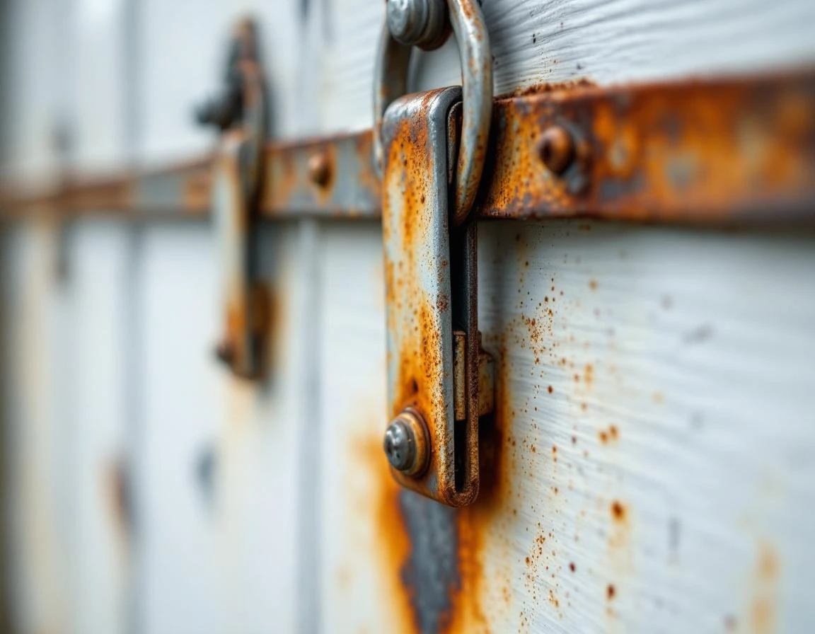 Rusty garage door hardware with moisture damage from Oregon wine country winter fog