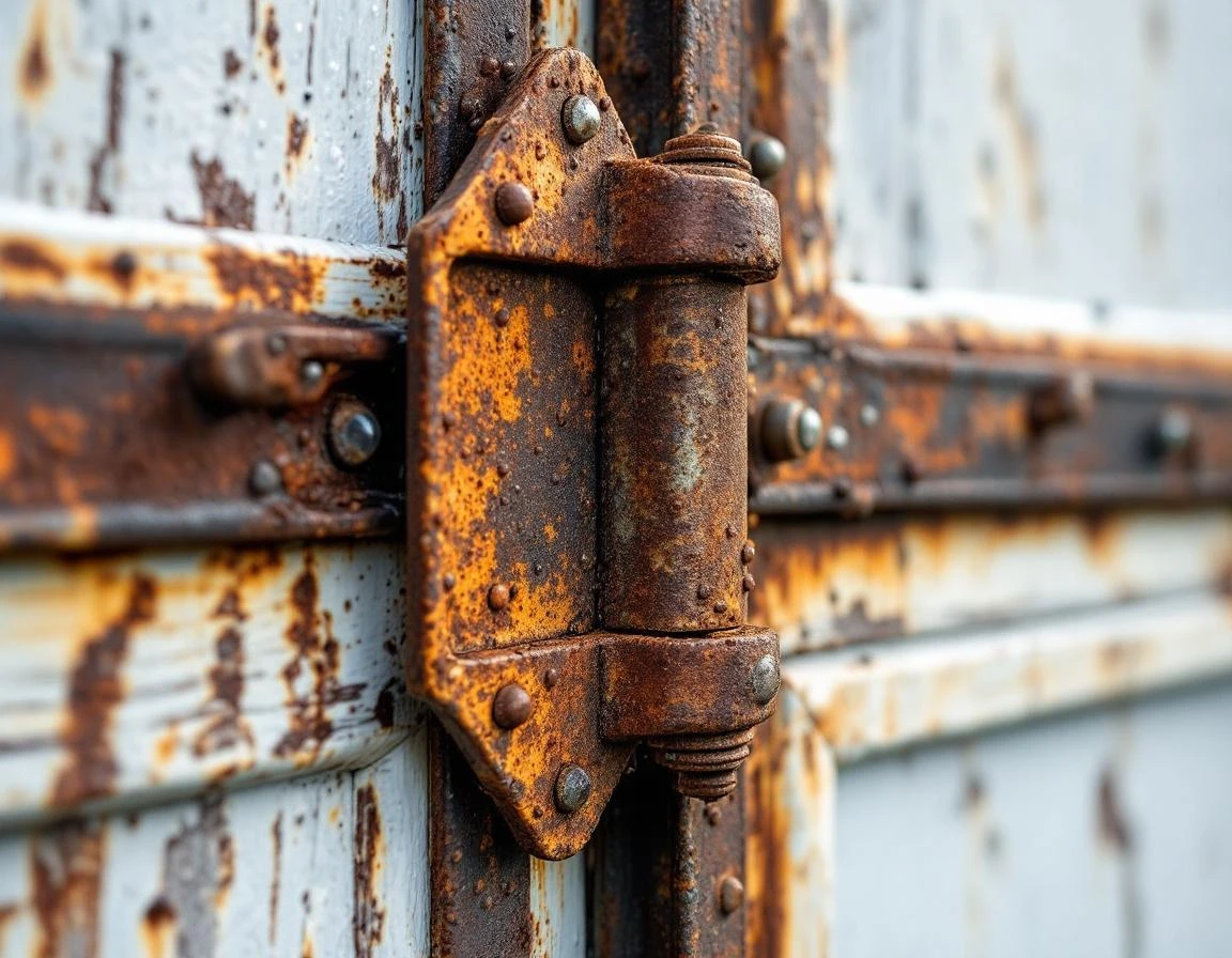 Corroded garage door hinges and hardware showing rust damage from moisture exposure in wine country climate