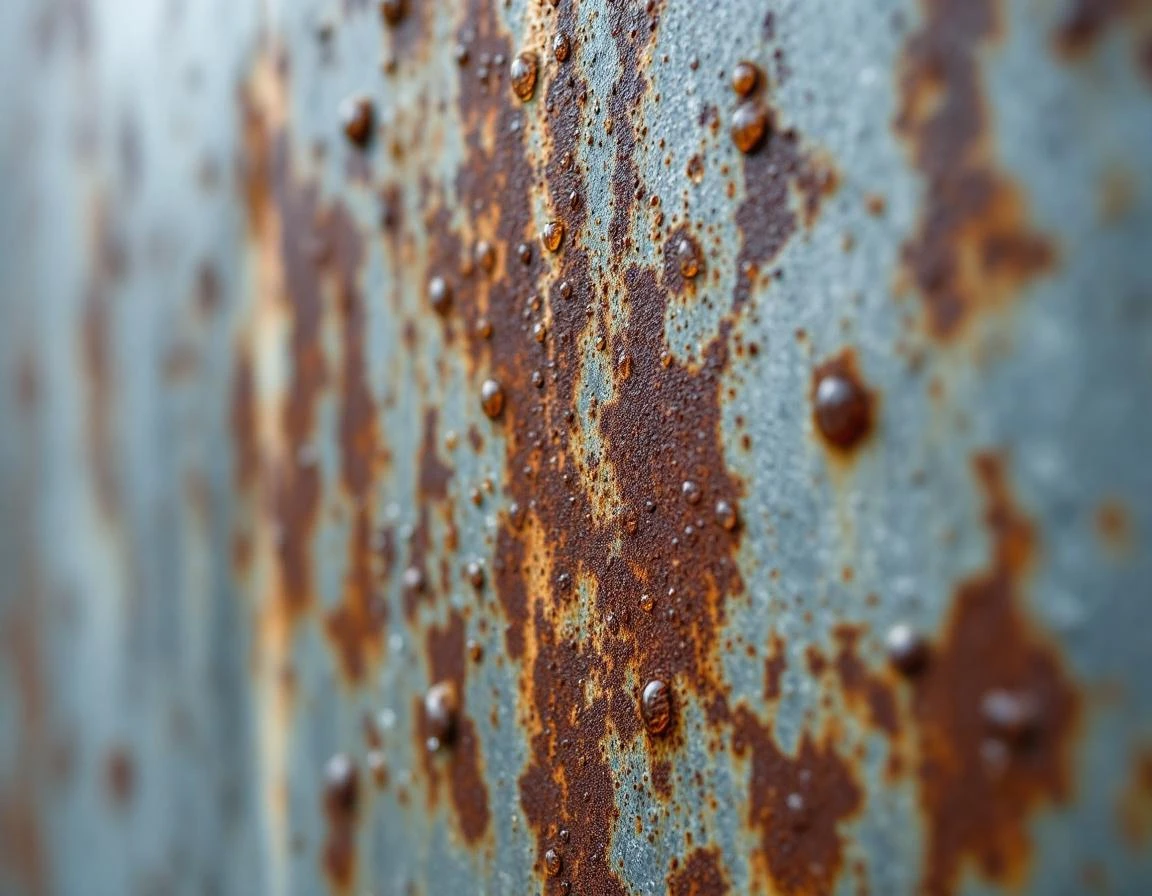 Rust corrosion and water condensation on metal garage panel from riverside humidity exposure