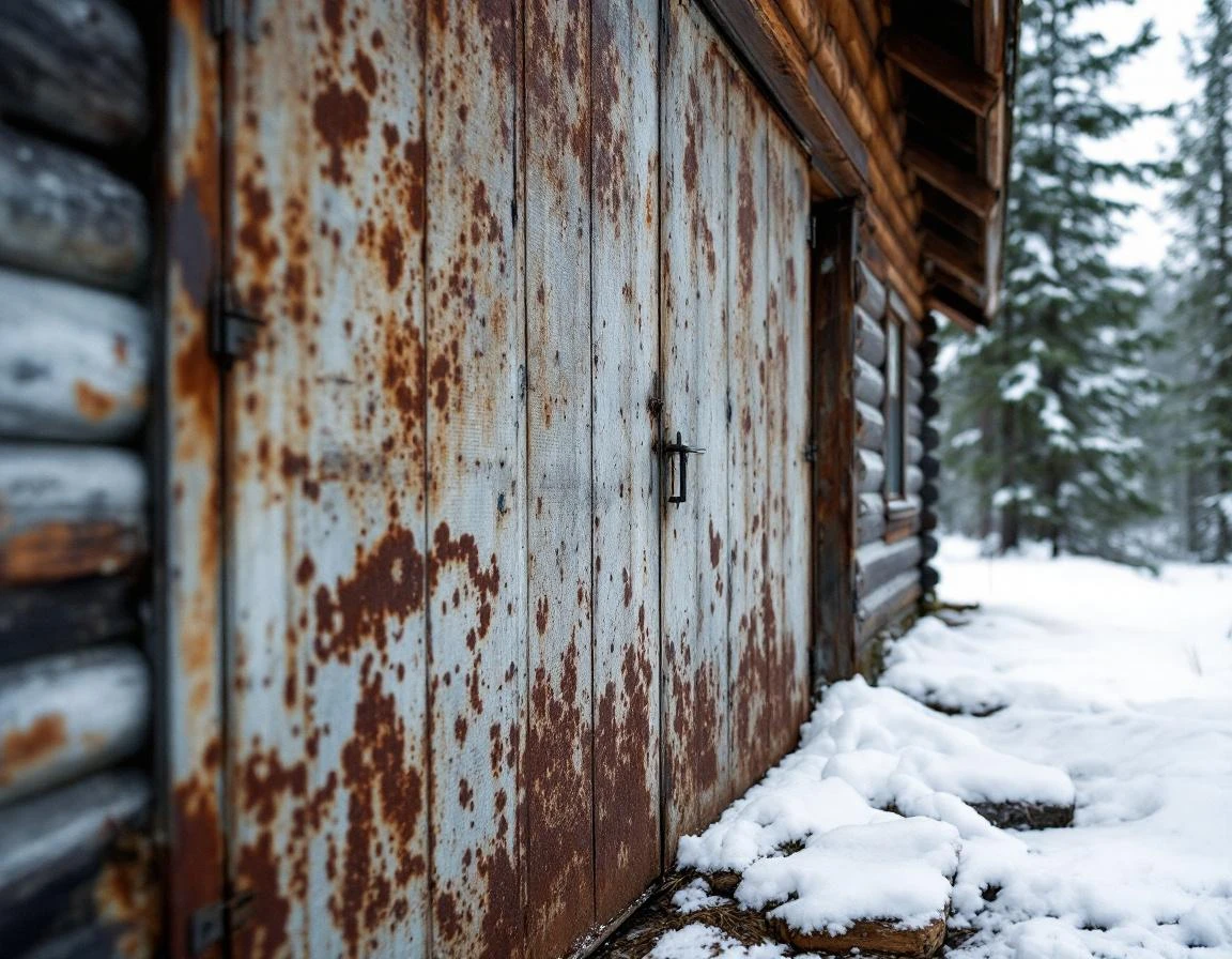 Weathered garage door showing freeze-thaw damage in snowy La Pine setting with rust and paint deterioration