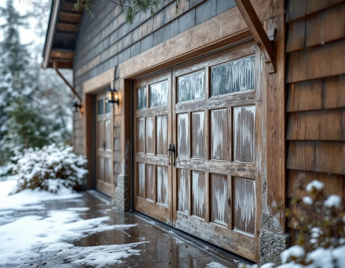 Ice damage on garage door and siding after spring thaw in Estacada foothills home