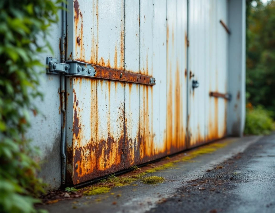 Rust damage on garage door hardware showing corrosion from Longview's heavy rainfall and river humidity
