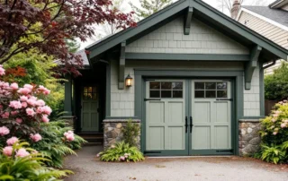 Craftsman detached garage with cedar siding and tapered columns in Portland neighborhood with native landscaping