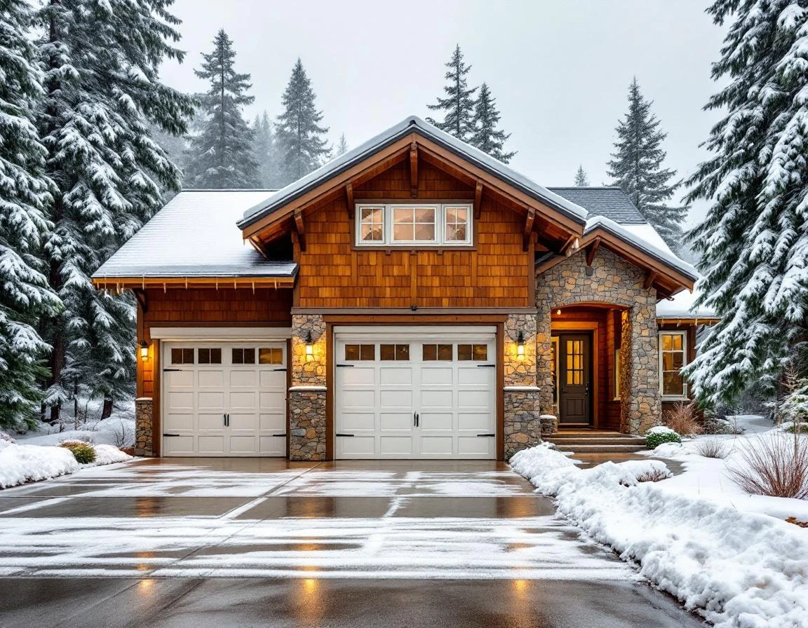 Insulated garage doors on foothills home with light snow accumulation and winter weather conditions in Sandy