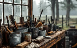Weathered maintenance tools and unlabeled oil containers on barn workbench with foggy Tualatin Valley visible through window