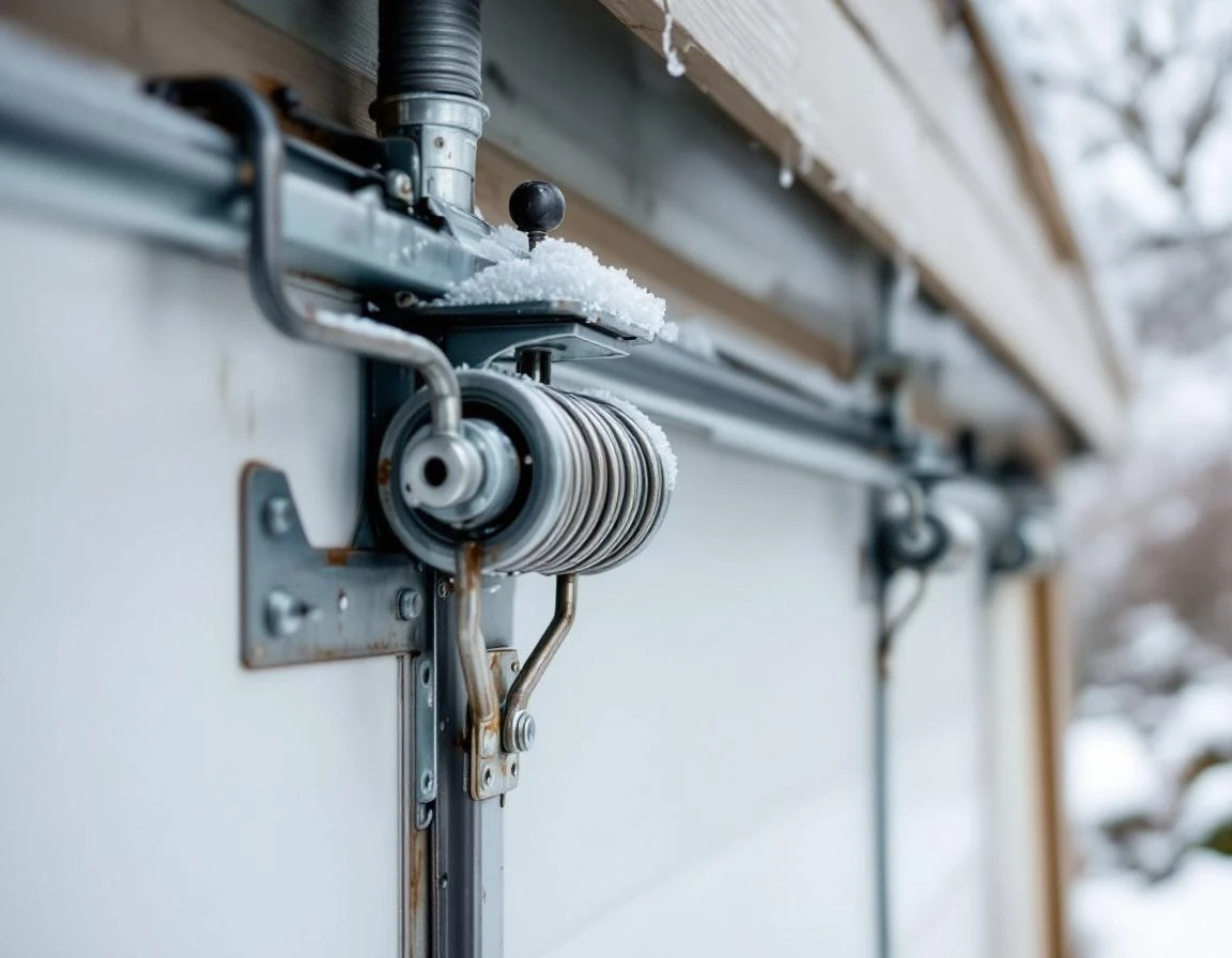 Garage door torsion spring system with winter ice residue in Amboy foothills home