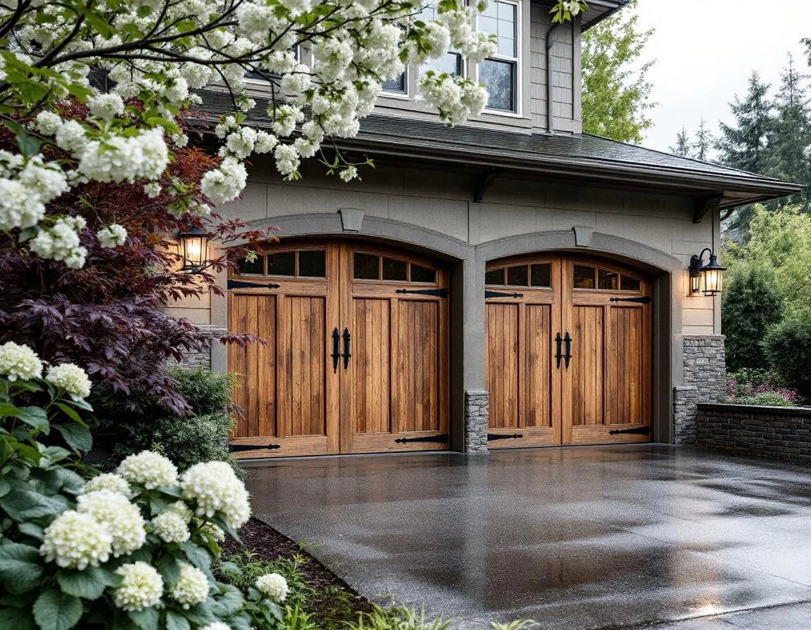 Restored 1920s carriage-house garage door on craftsman home with hydrangeas in McMinnville wine country