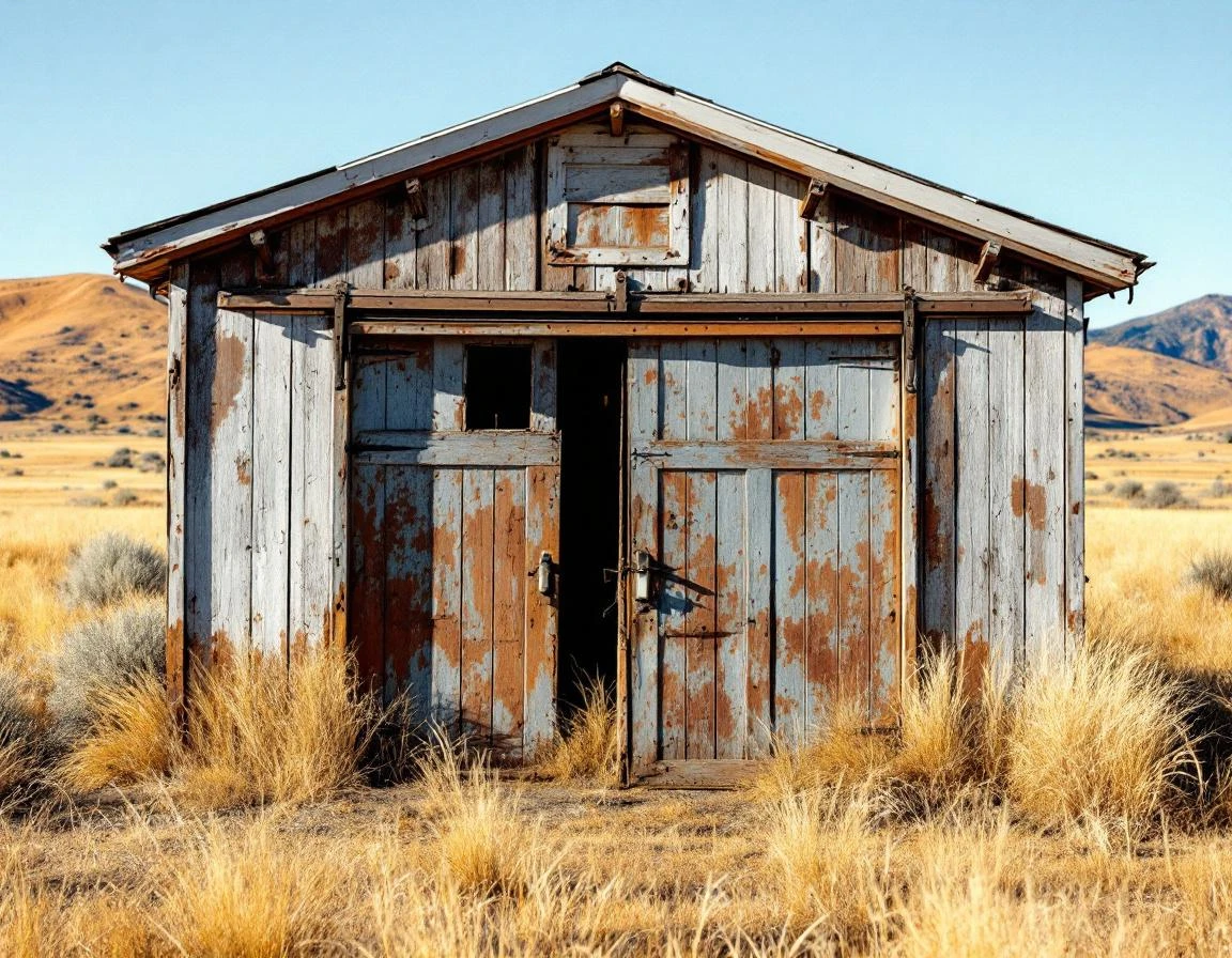 Detached garage in Goldendale showing weathered panels and hardware stress from high desert freeze-thaw cycles