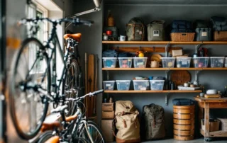 Organized garage with bicycles and camping gear neatly stored on shelves before summer travel
