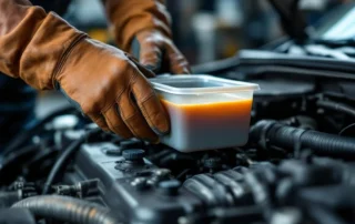 Mechanic inspecting engine coolant level in reservoir tank during pre-summer vehicle maintenance inspection