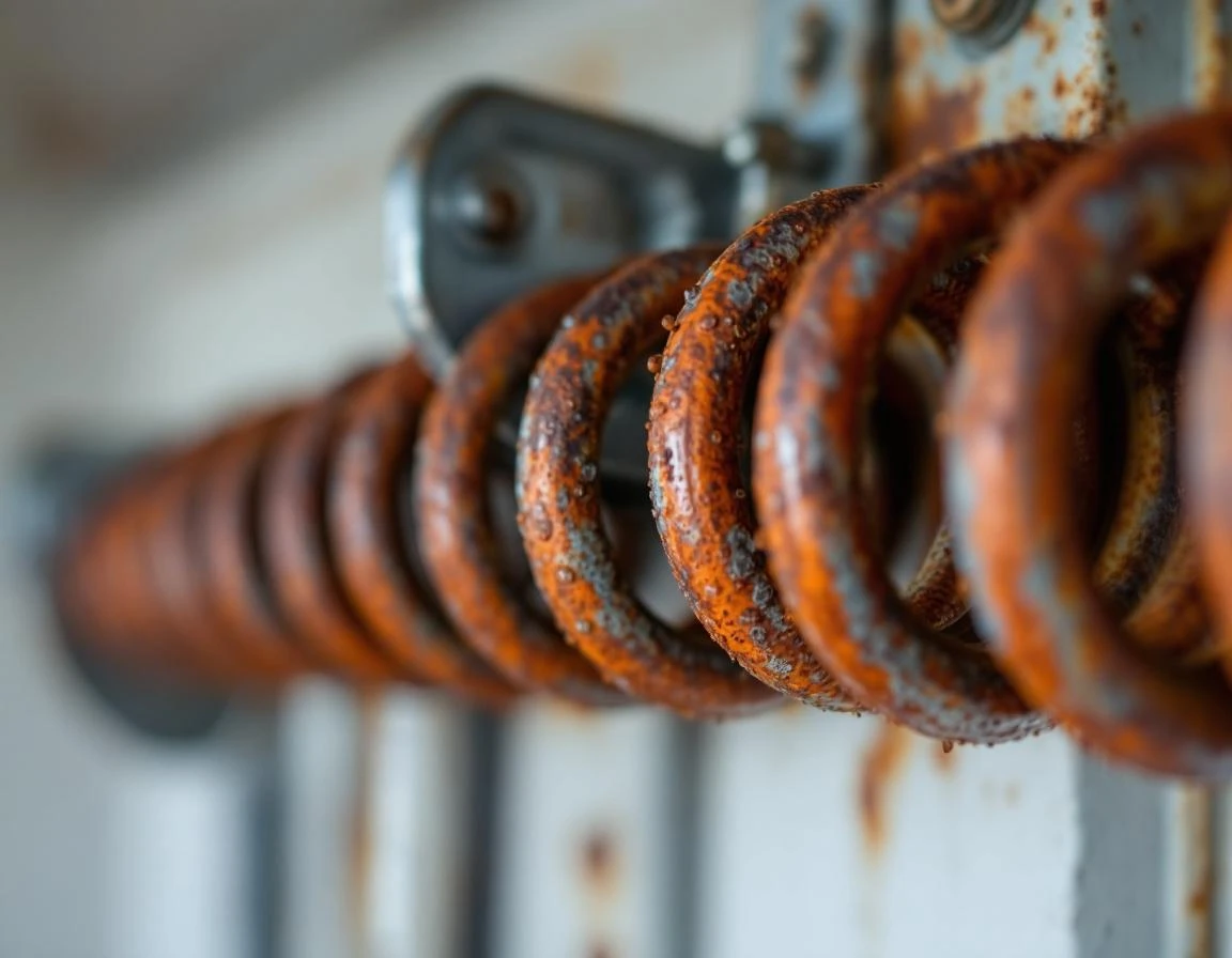 Garage door spring with visible rust corrosion and moisture damage from Willamette Valley winter humidity