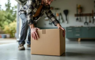 Homeowner placing cardboard box on garage floor to test auto-reverse safety mechanism