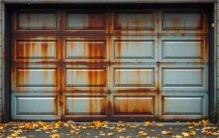 Weathered garage door with rust damage and fallen autumn leaves in Washougal, Washington