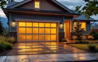 Wind-rated garage door with reinforced tracks on Hood River home with Columbia Gorge mountain backdrop