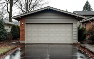 Mid-century garage with wet driveway showing winter weathering in Hazel Dell neighborhood