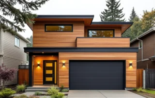 Contemporary Portland home with cedar siding, large windows, and integrated garage door in charcoal gray
