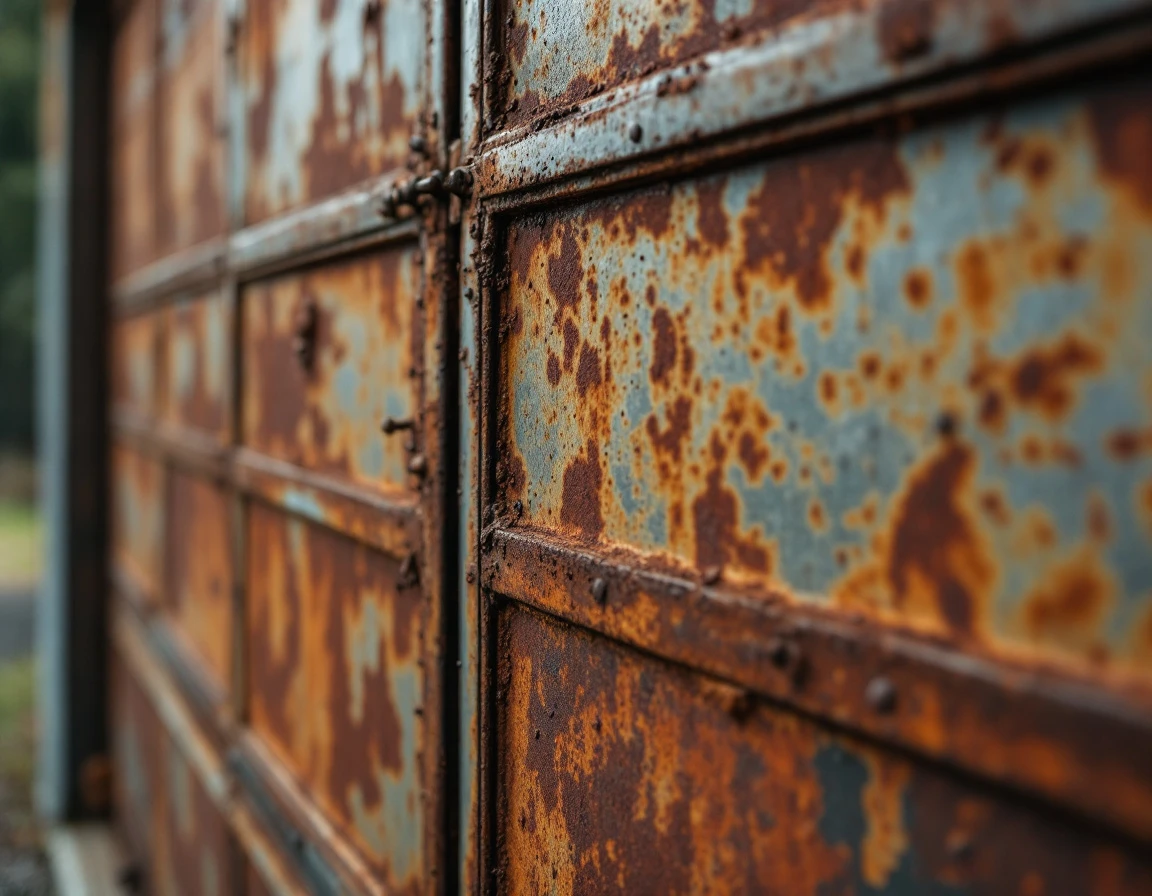 Corroded garage door panels showing patchy rust damage from riverside moisture exposure in Kalama