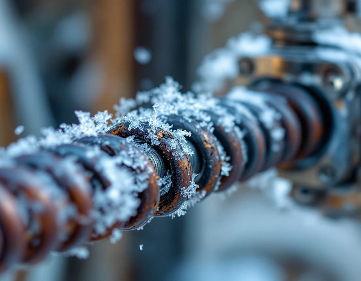 Garage door spring with visible stress fractures and frost damage from Central Oregon freeze-thaw cycles