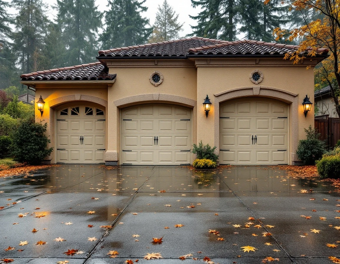 Three-car European-style garage with wet driveway and fall debris in Clackamas County neighborhood
