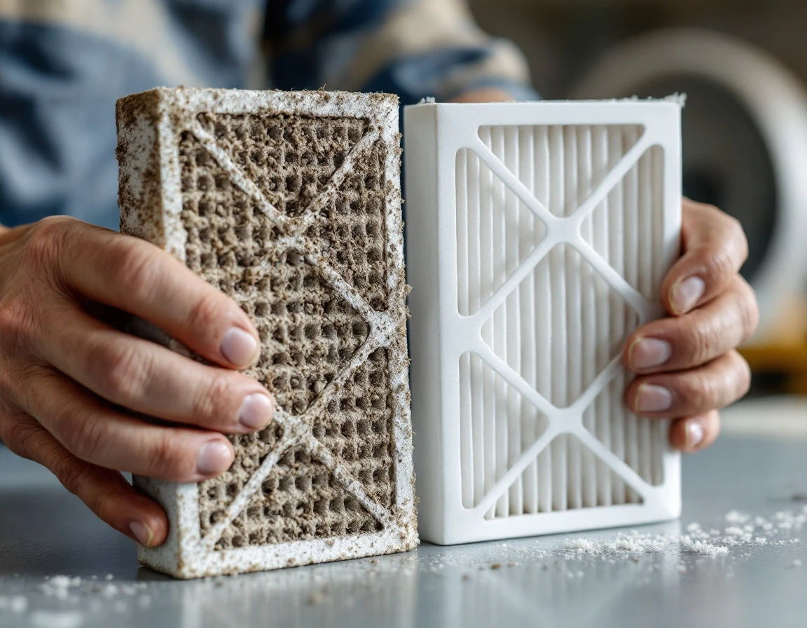 Dirty clogged air filter beside clean replacement showing maintenance contrast