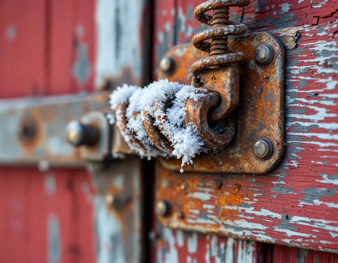 Frost-damaged garage door spring showing metal fatigue and corrosion on agricultural building in Culver