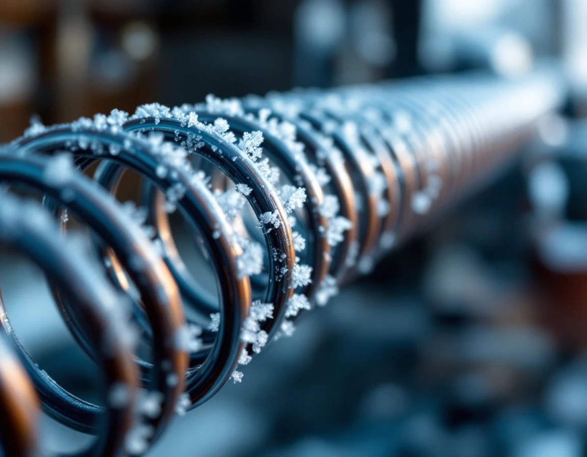 Frost-covered garage door torsion spring with condensation beads showing temperature stress effects