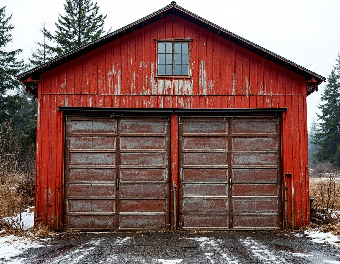 Weathered red barn with heavy-duty commercial garage doors in rural Amboy acreage property during winter