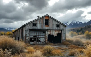 Railroad-era building in Bingen showing garage door wind damage during Columbia Gorge spring windstorm