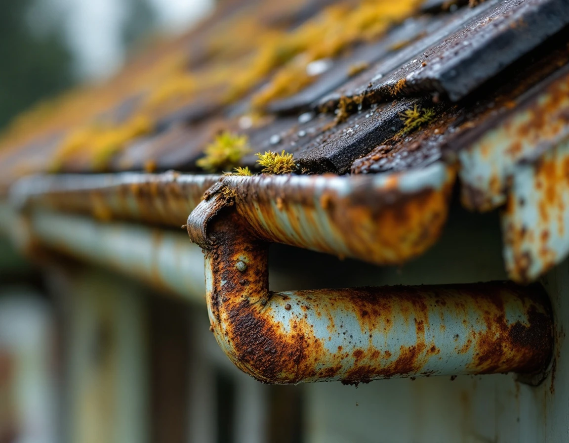 Rusted metal gutters with corrosion damage on historic Longview craftsman home from heavy Pacific Northwest rainfall