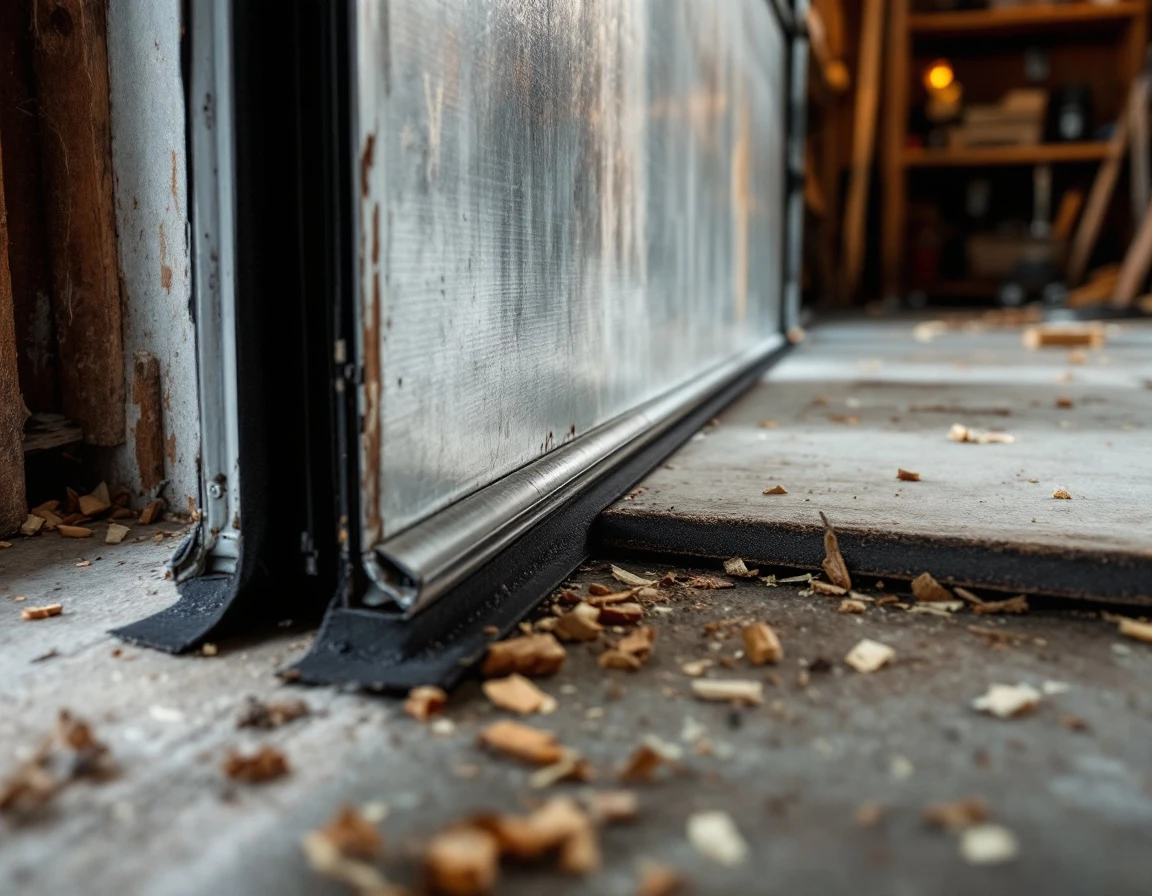Weatherstripping installation on heavy garage door panel showing rubber seal compression against metal frame
