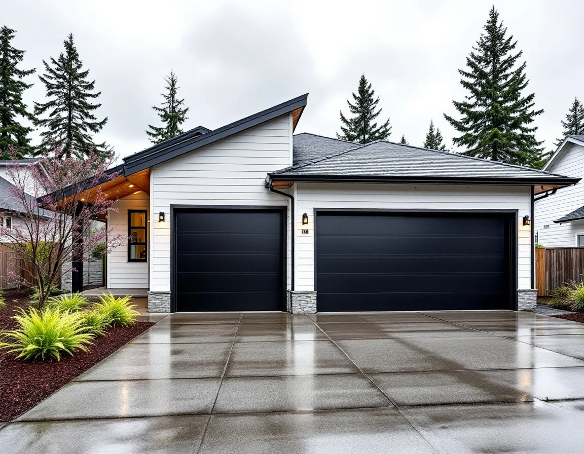 Modern black two-car garage door on contemporary Ridgefield home with spring moisture on concrete driveway