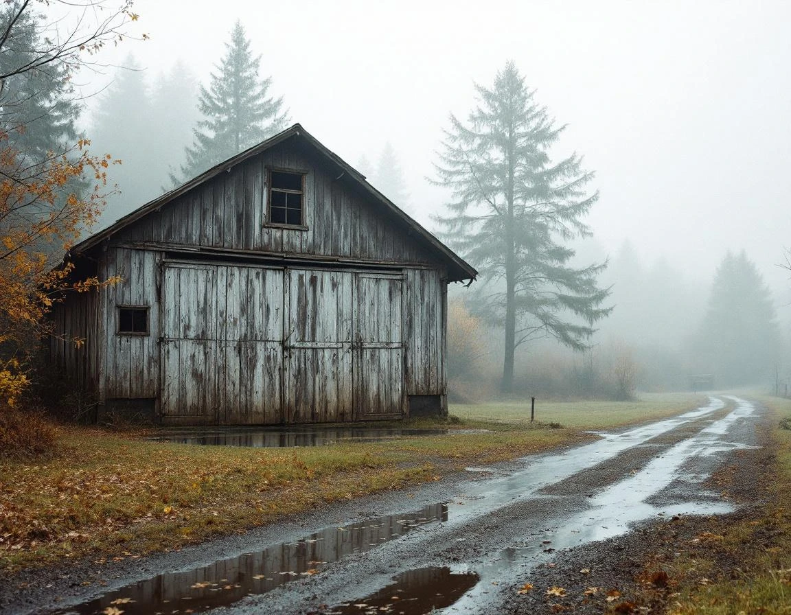 Weathered detached garage on rural Tualatin Valley property with muddy driveway access and morning fog