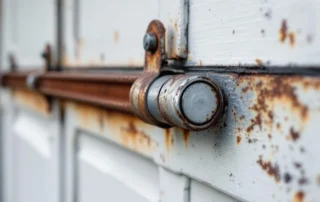 Worn garage door roller and track showing rust buildup and misalignment causing squeaking noises