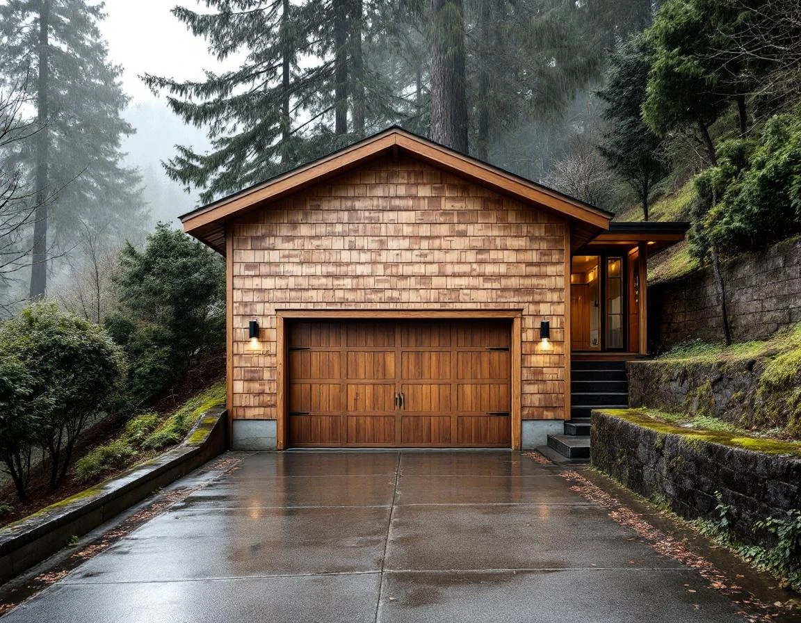 Detached garage on steep Oregon City hillside showing drainage challenges during spring rain conditions