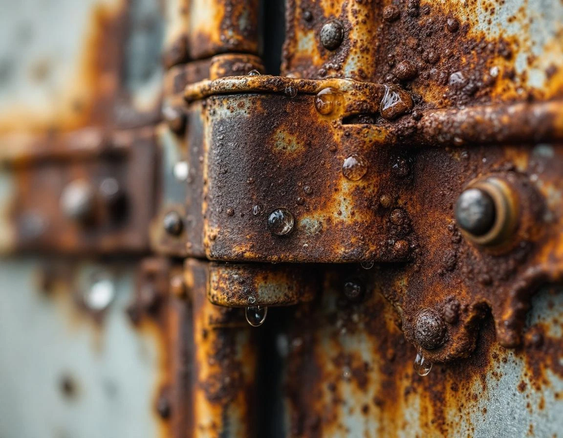 Rusted garage door hardware with water droplets showing winter moisture damage from Oregon valley fog conditions