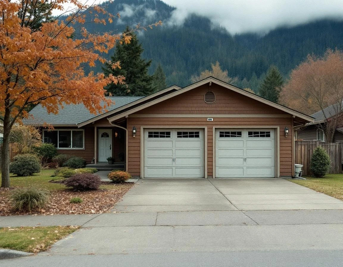 1970s North Bonneville home with attached two-car garage against Columbia Gorge backdrop
