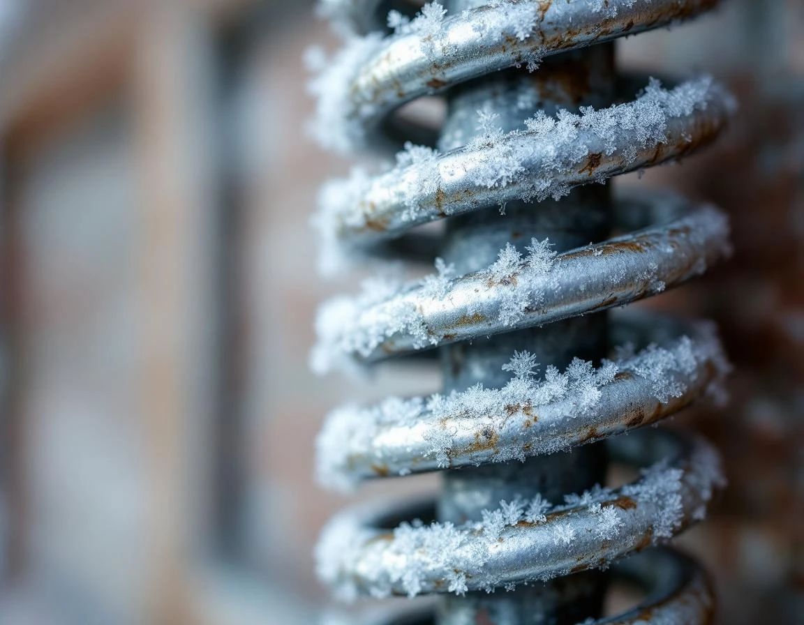 Garage door spring showing metal fatigue and frost damage from Central Oregon freeze-thaw cycles