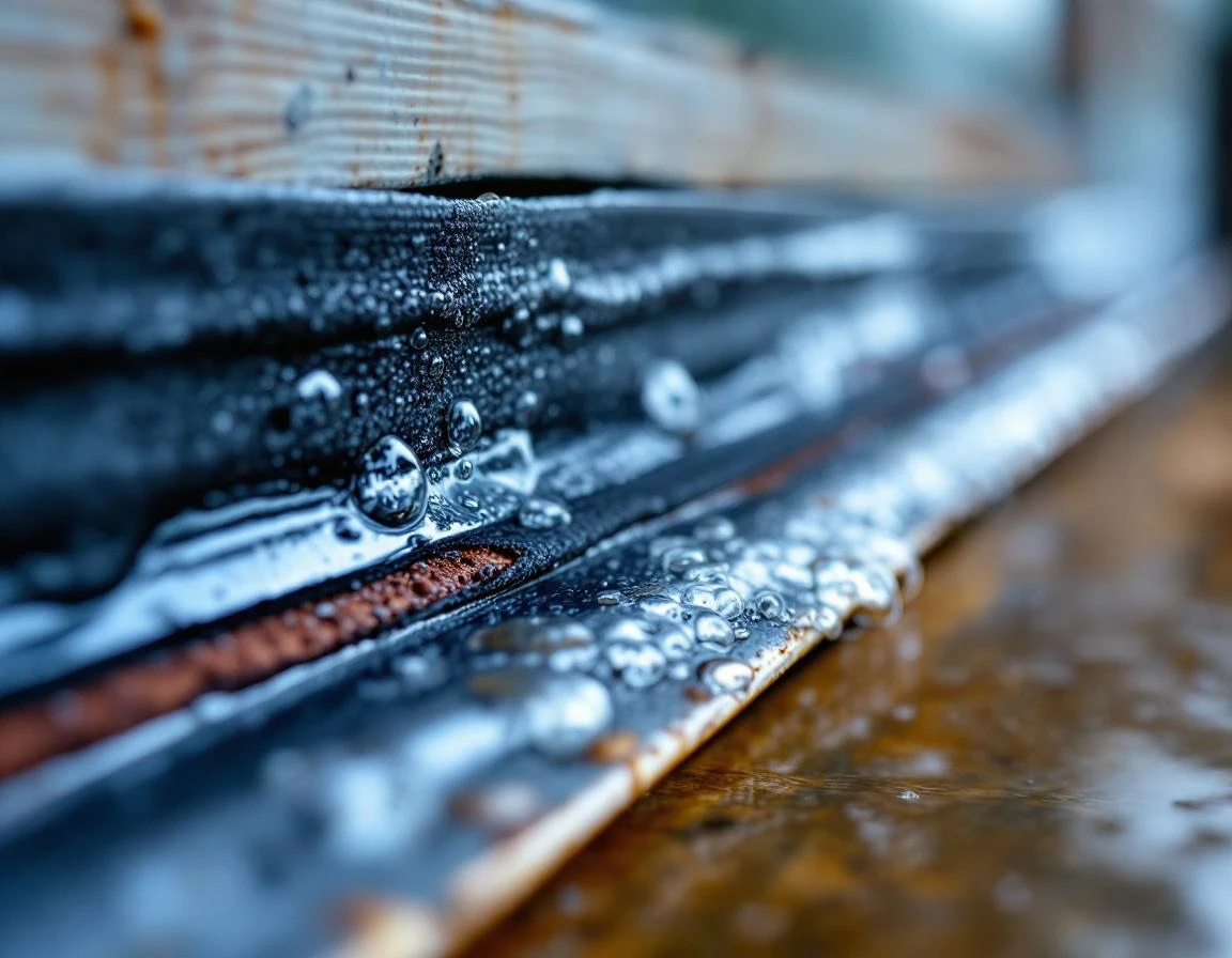 Worn weatherstripping with moisture damage on garage door frame showing humidity effects from riverside location