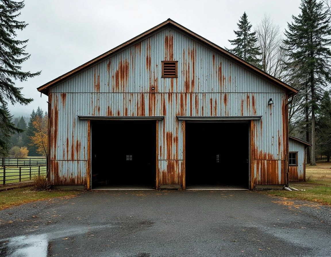 Weathered agricultural workshop with open bay doors showing rust and wear patterns in rural Clackamas County setting