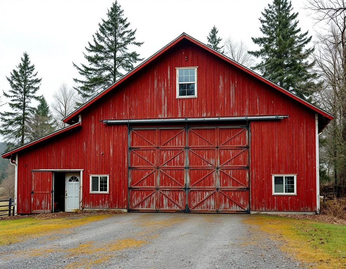 Heavy-duty garage door with commercial opener on rural workshop building in North Plains agricultural setting