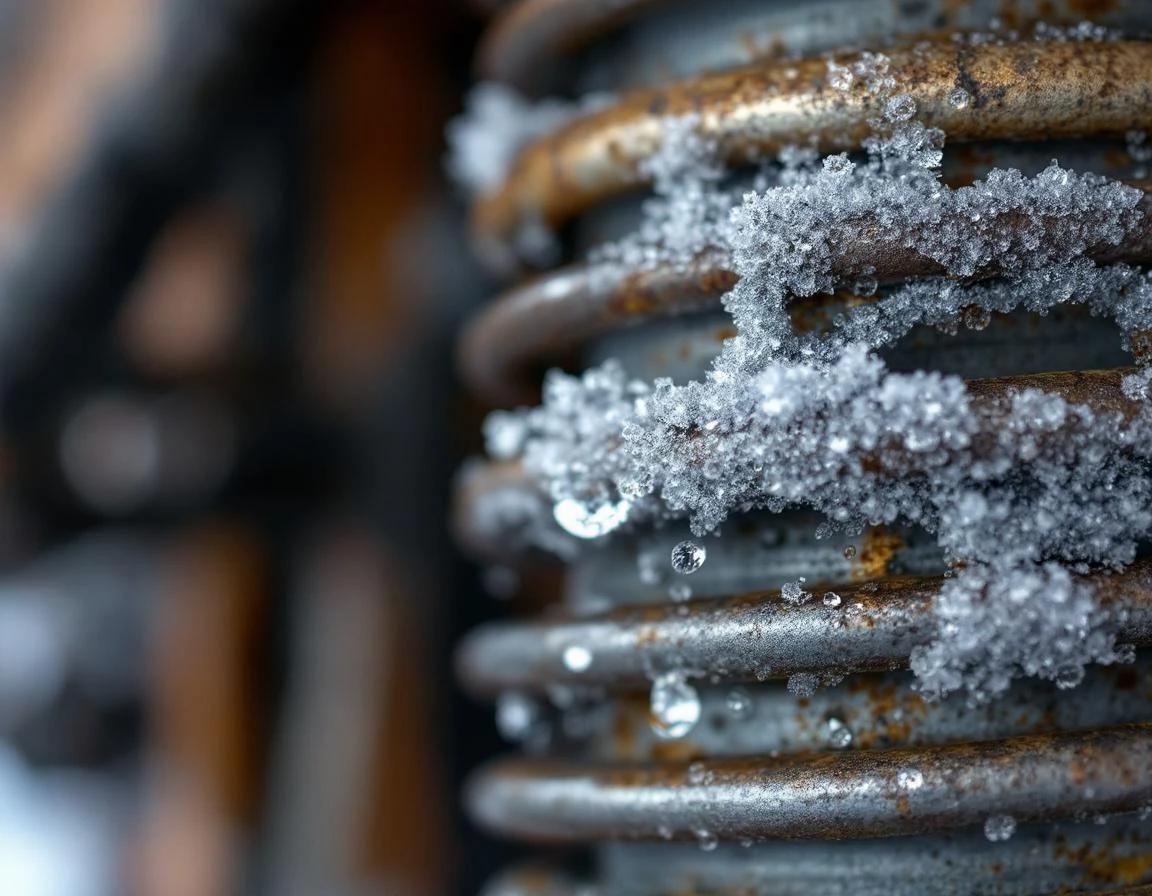 Garage door torsion spring showing metal fatigue and stress cracks from freeze-thaw cycling
